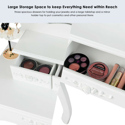 Elegant Vanity Table with Mirror, 3 Storage Drawers, and Matching Stool – White