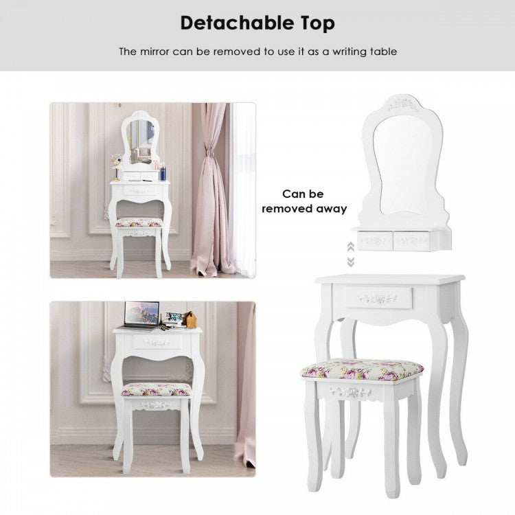 Elegant Vanity Table with Mirror, 3 Storage Drawers, and Matching Stool – White