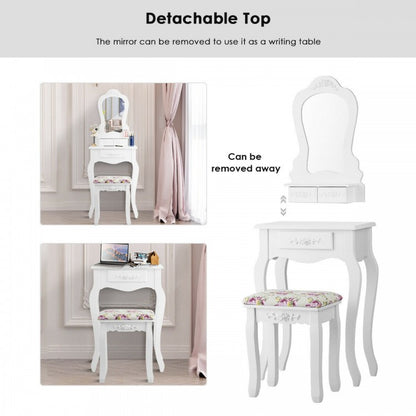 Elegant Vanity Table with Mirror, 3 Storage Drawers, and Matching Stool – White