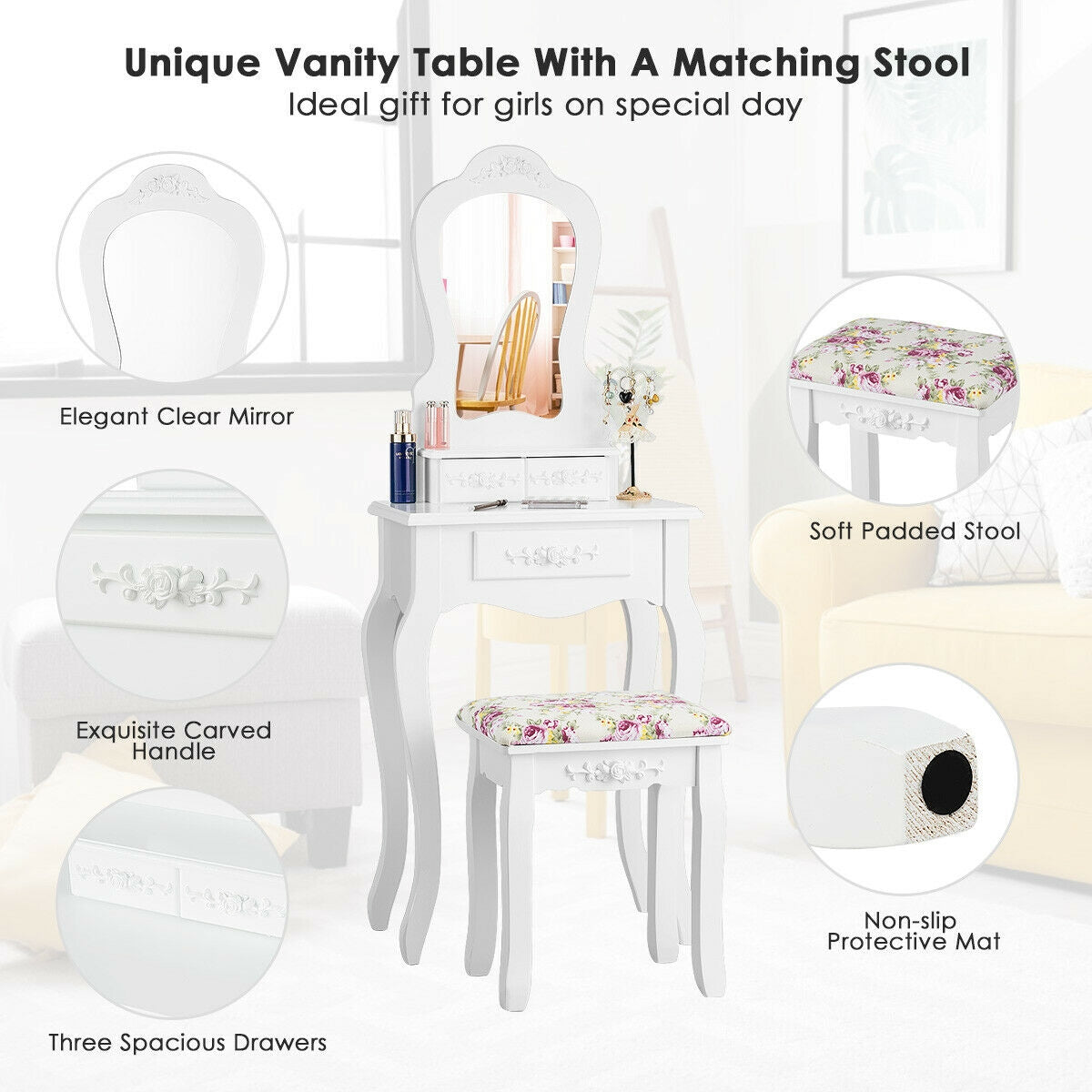 Elegant Vanity Table with Mirror, 3 Storage Drawers, and Matching Stool – White