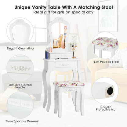 Elegant Vanity Table with Mirror, 3 Storage Drawers, and Matching Stool – White