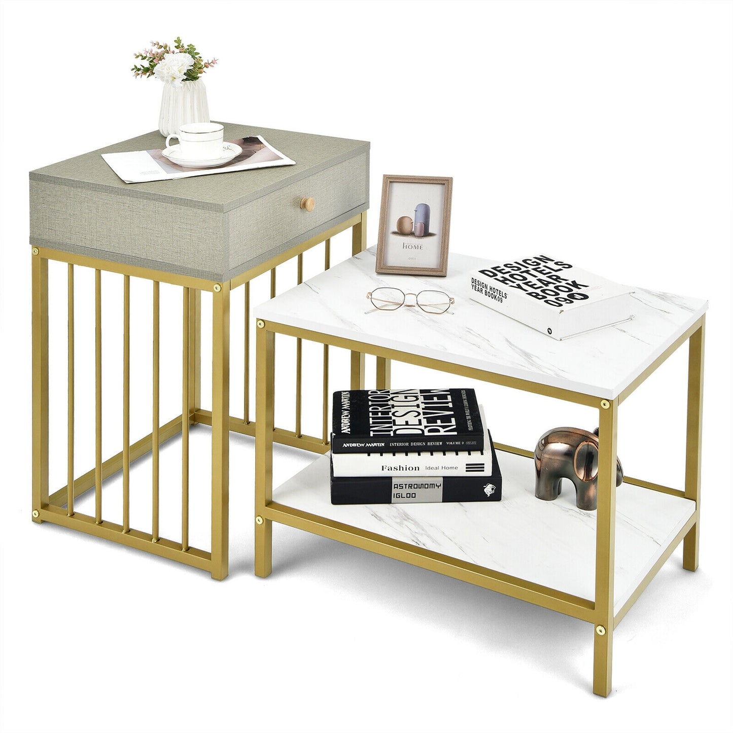 Modern Nesting Coffee Table and Side Table Set with Storage Drawer and Shelf