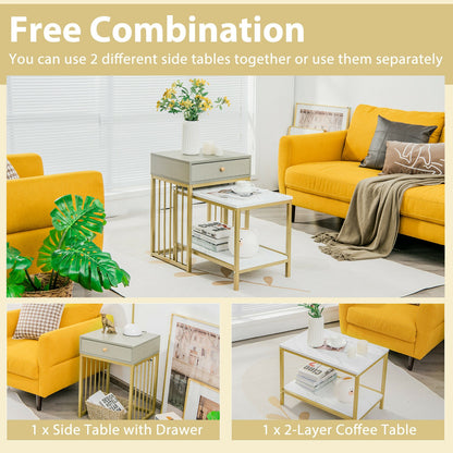 Modern Nesting Coffee Table and Side Table Set with Storage Drawer and Shelf
