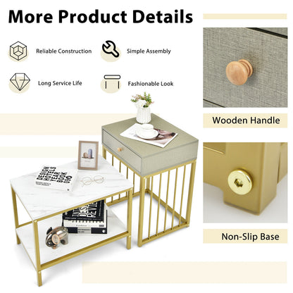 Modern Nesting Coffee Table and Side Table Set with Storage Drawer and Shelf