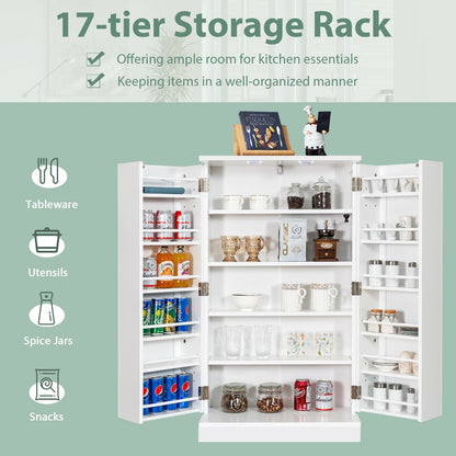 17-Tier Freestanding Kitchen Pantry Cabinet with Double Doors and Adjustable Shelves - White