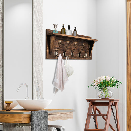 Rustic Wall Mounted Wooden Shelf with Hooks for Entryway or Bathroom Storage