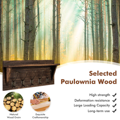 Rustic Wall Mounted Wooden Shelf with Hooks for Entryway or Bathroom Storage