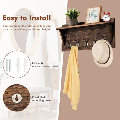 Rustic Wall Mounted Wooden Shelf with Hooks for Entryway or Bathroom Storage