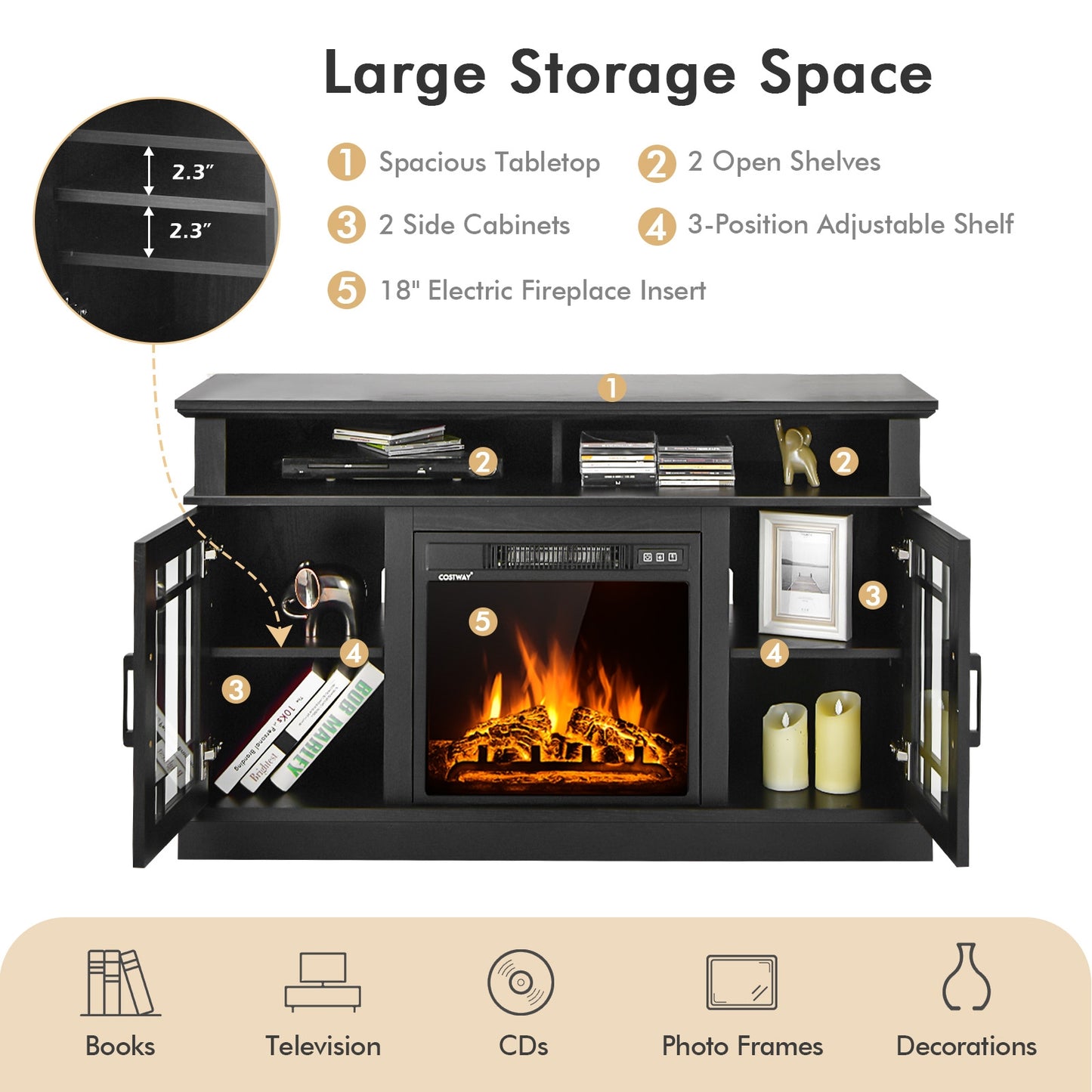 Modern 48 Inch TV Stand with Electric Fireplace and Adjustable Cabinets for TVs Up to 55 Inches - Black