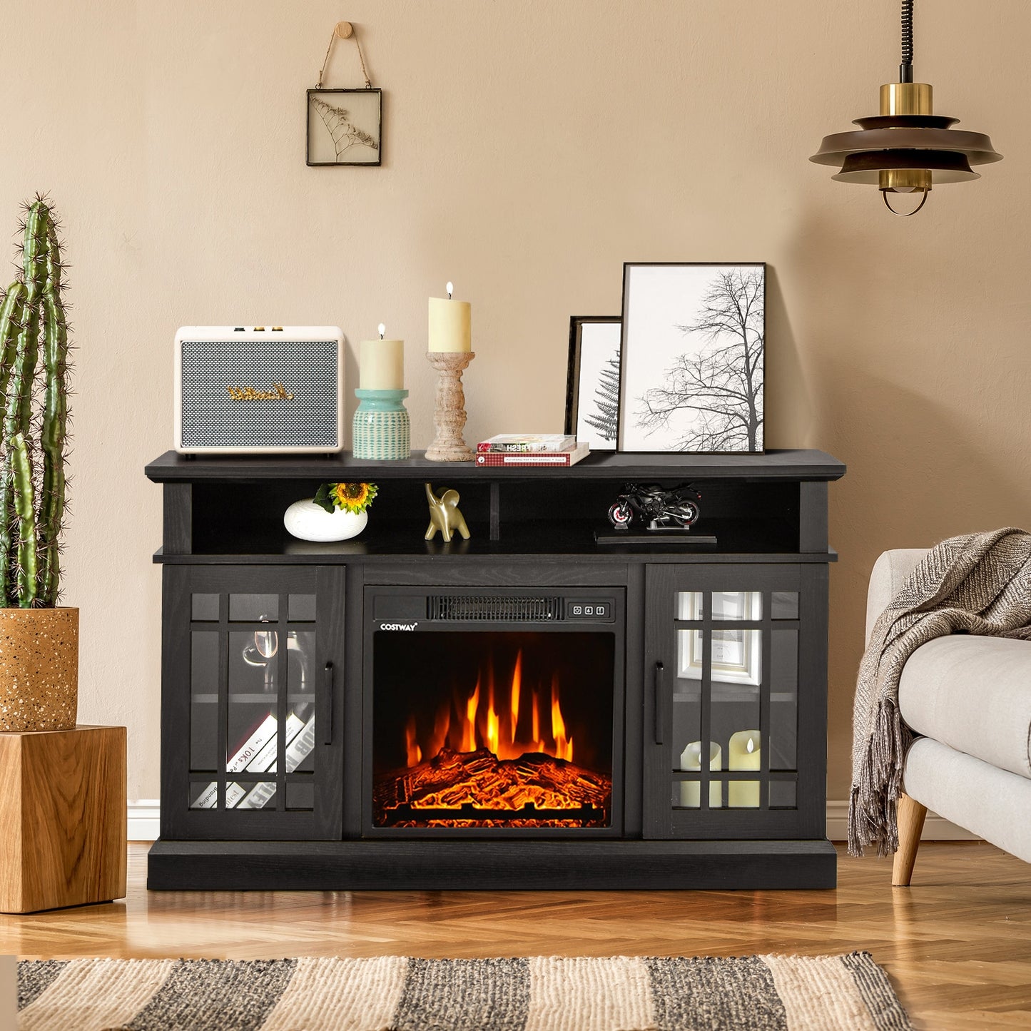 Modern 48 Inch TV Stand with Electric Fireplace and Adjustable Cabinets for TVs Up to 55 Inches - Black