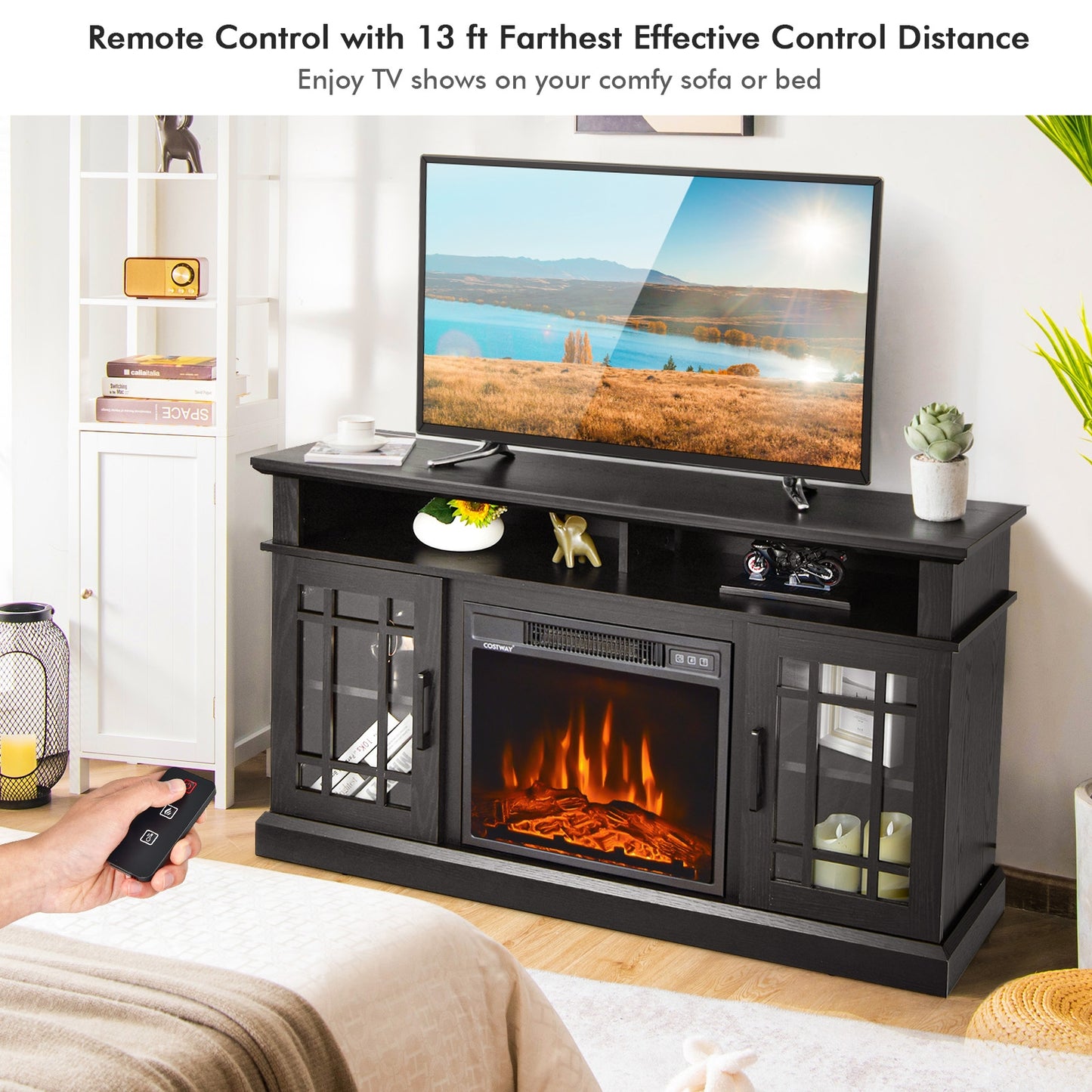 Modern 48 Inch TV Stand with Electric Fireplace and Adjustable Cabinets for TVs Up to 55 Inches - Black