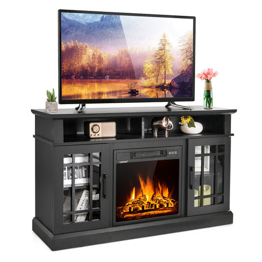 Modern 48 Inch TV Stand with Electric Fireplace and Adjustable Cabinets for TVs Up to 55 Inches - Black