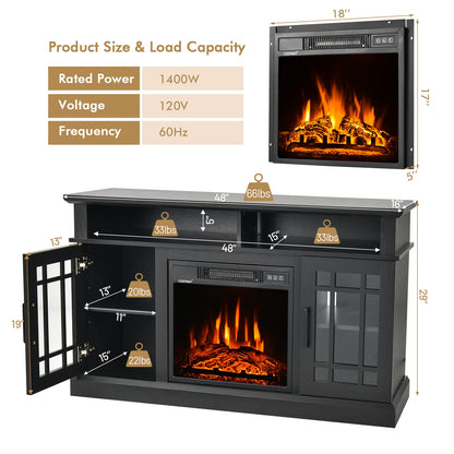 Modern 48 Inch TV Stand with Electric Fireplace and Adjustable Cabinets for TVs Up to 55 Inches - Black