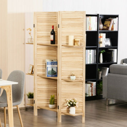 4-Panel Folding Room Divider with 3 Storage Shelves - Brown