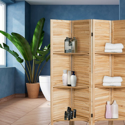 4-Panel Folding Room Divider with 3 Storage Shelves - Brown