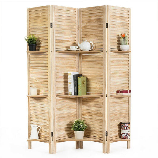4-Panel Folding Room Divider with 3 Storage Shelves - Brown