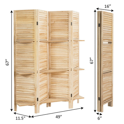 4-Panel Folding Room Divider with 3 Storage Shelves - Brown