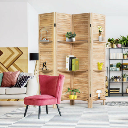 4-Panel Folding Room Divider with 3 Storage Shelves - Brown