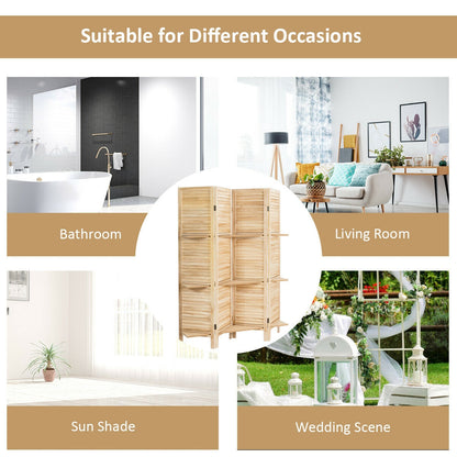 4-Panel Folding Room Divider with 3 Storage Shelves - Brown