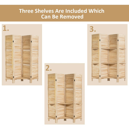 4-Panel Folding Room Divider with 3 Storage Shelves - Brown