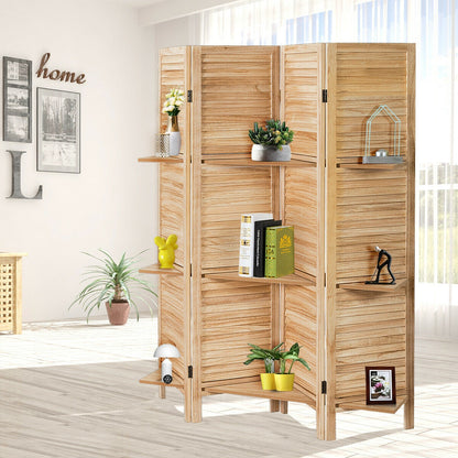 4-Panel Folding Room Divider with 3 Storage Shelves - Brown