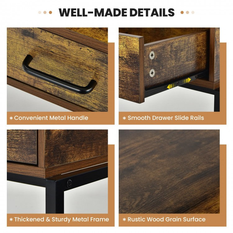 Rustic Industrial Vanity Table with 3-Height Adjustable Mirror, Storage Drawer, and Brush Bag