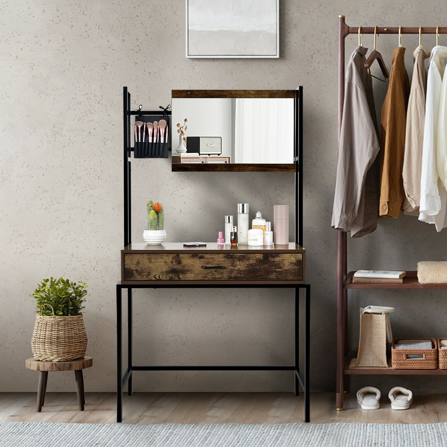 Rustic Industrial Vanity Table with 3-Height Adjustable Mirror, Storage Drawer, and Brush Bag