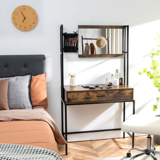 Rustic Industrial Vanity Table with 3-Height Adjustable Mirror, Storage Drawer, and Brush Bag