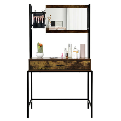 Rustic Industrial Vanity Table with 3-Height Adjustable Mirror, Storage Drawer, and Brush Bag