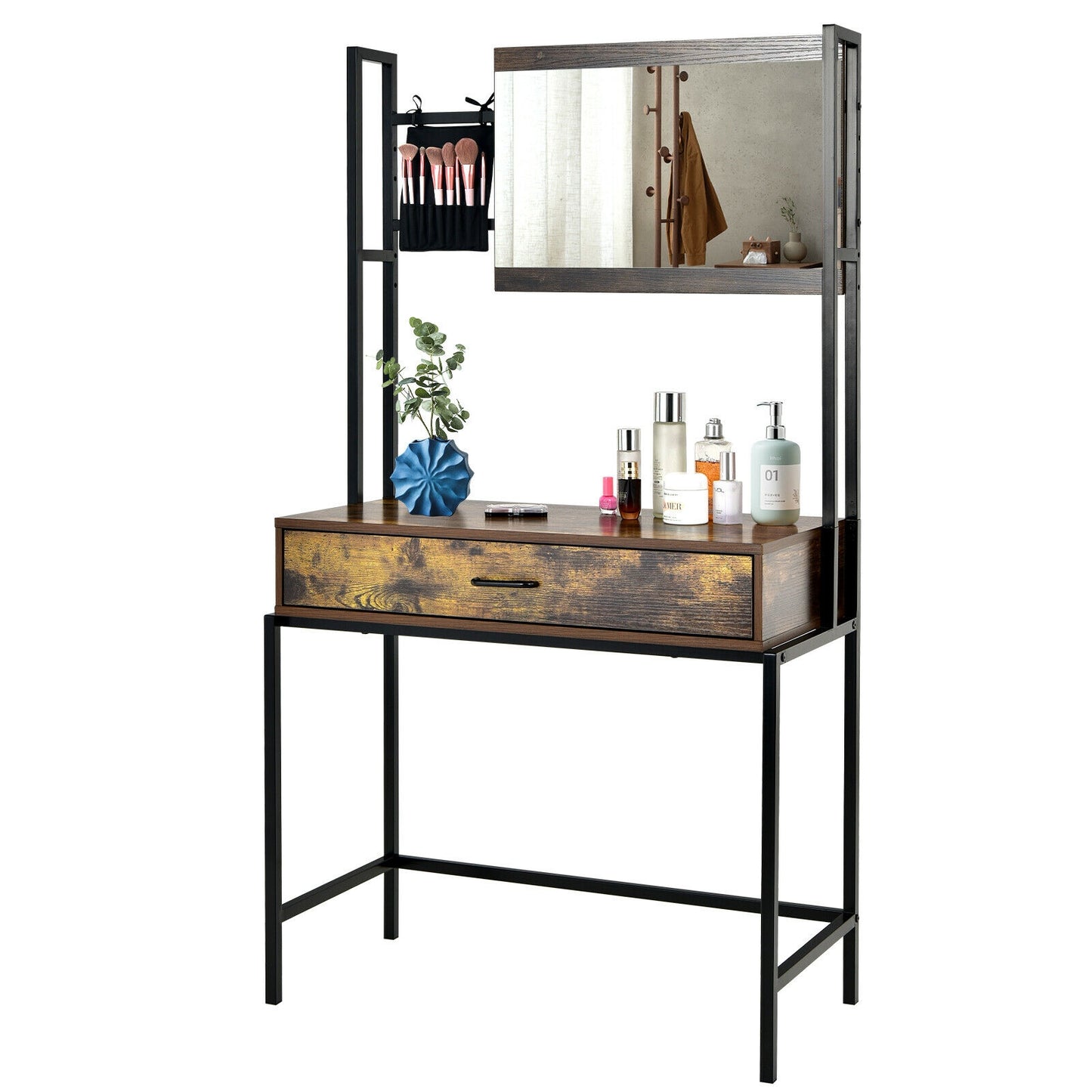 Rustic Industrial Vanity Table with 3-Height Adjustable Mirror, Storage Drawer, and Brush Bag