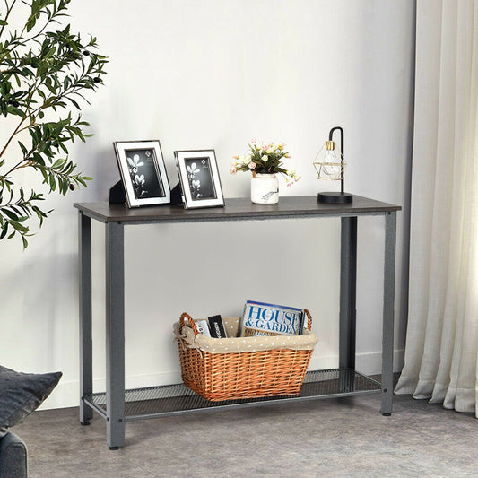 Wood Console Sofa Table with Metal Frame and Storage Shelf - Silver