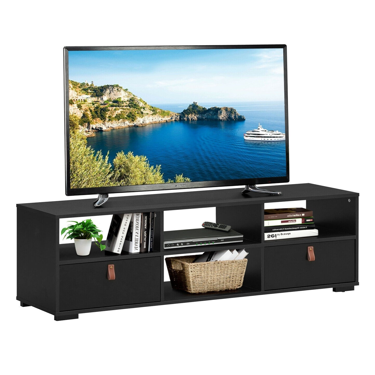 Wood TV Console with Drawers and Open Shelves for 60 Inch TVs in Black