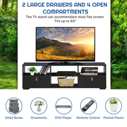 Wood TV Console with Drawers and Open Shelves for 60 Inch TVs in Black