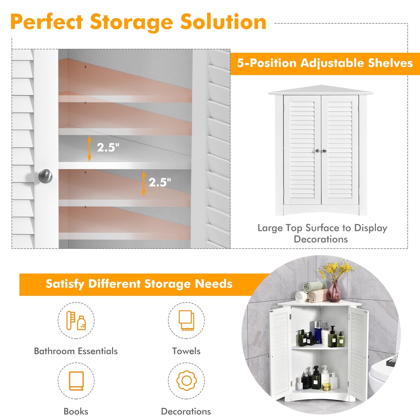 Corner Storage Cabinet with Shutter Doors - Freestanding Bathroom Organizer