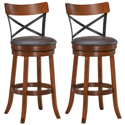 Set of 2 Swivel Bar Stools with Curved Backrest and Solid Rubberwood Legs, 29.5 Inch Seat Height