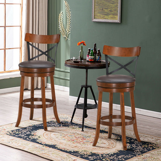 Set of 2 Swivel Bar Stools with Curved Backrest and Solid Rubberwood Legs, 29.5 Inch Seat Height