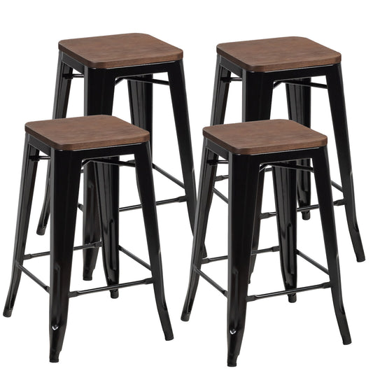 Set of 4 Counter Height Bar Stools with Solid Wood Seats and Metal Frame