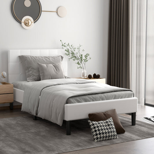 Elegant Twin Platform Bed with Button-Tufted Headboard in Beige