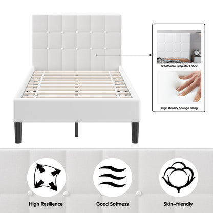 Elegant Twin Platform Bed with Button-Tufted Headboard in Beige