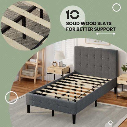 Elegant Twin Platform Bed with Button-Tufted Headboard in Grey
