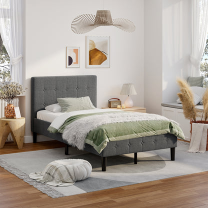 Elegant Twin Platform Bed with Button-Tufted Headboard in Grey
