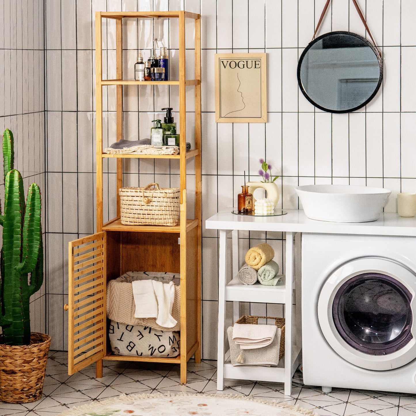 4 Tier Bamboo Floor Cabinet with Shutter Doors and Anti-Tip Feature