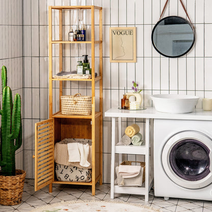 4 Tier Bamboo Floor Cabinet with Shutter Doors and Anti-Tip Feature