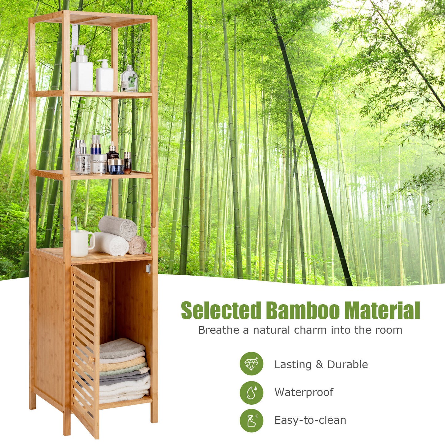 4 Tier Bamboo Floor Cabinet with Shutter Doors and Anti-Tip Feature