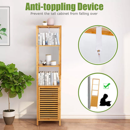 4 Tier Bamboo Floor Cabinet with Shutter Doors and Anti-Tip Feature