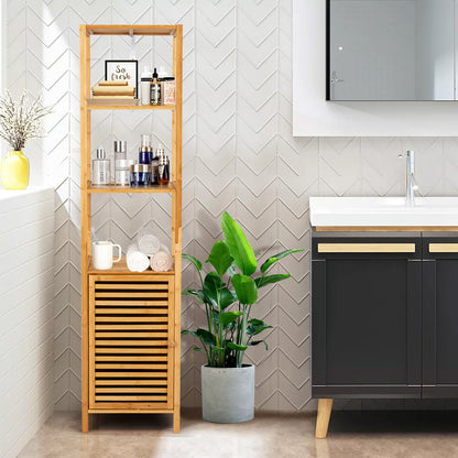 4 Tier Bamboo Floor Cabinet with Shutter Doors and Anti-Tip Feature