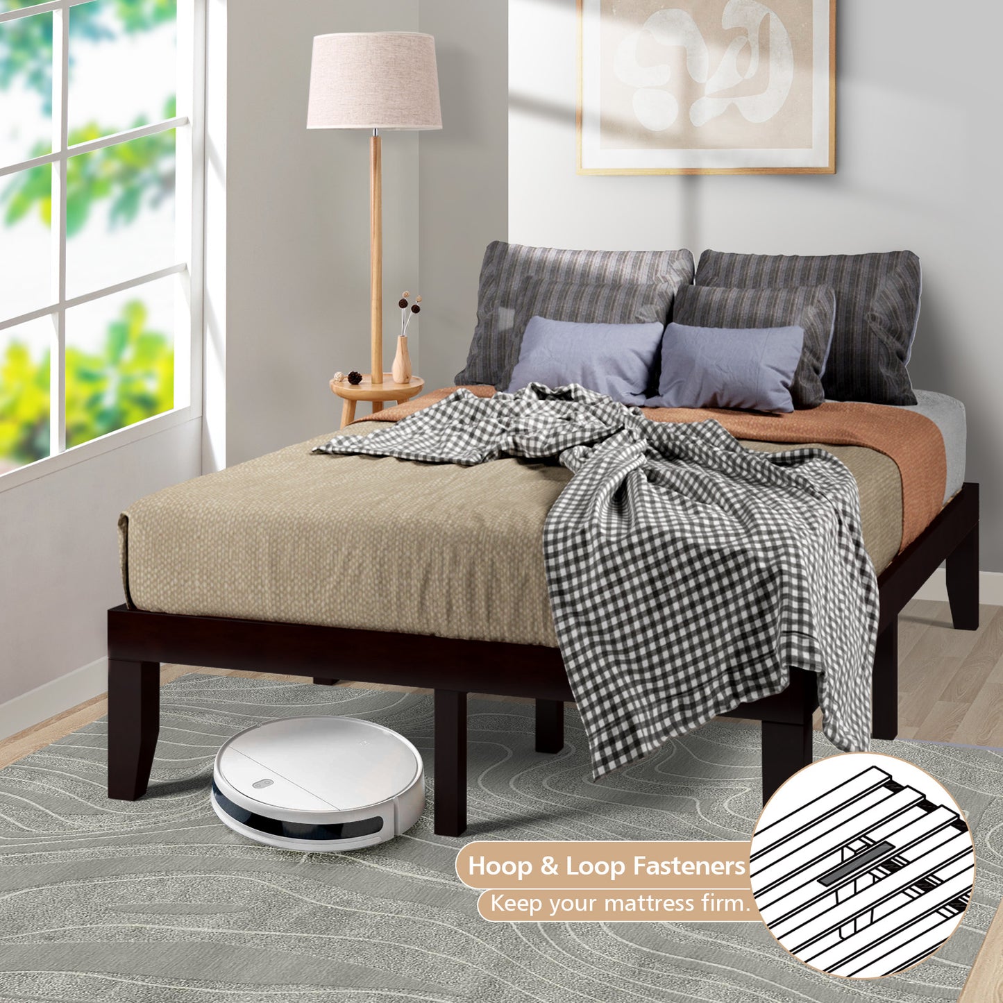 Modern 14 Inch Full Size Wood Platform Bed Frame with Wood Slat Support - Brown