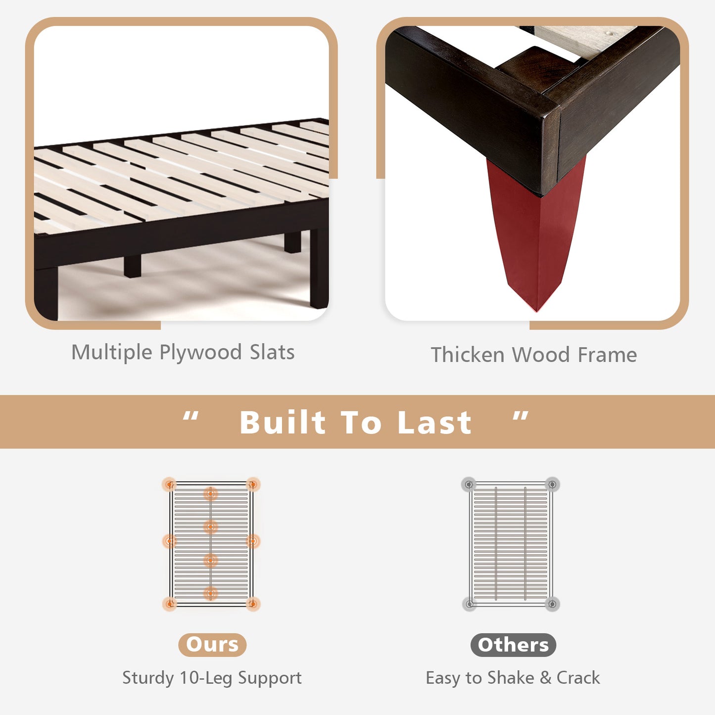 Modern 14 Inch Full Size Wood Platform Bed Frame with Wood Slat Support - Brown