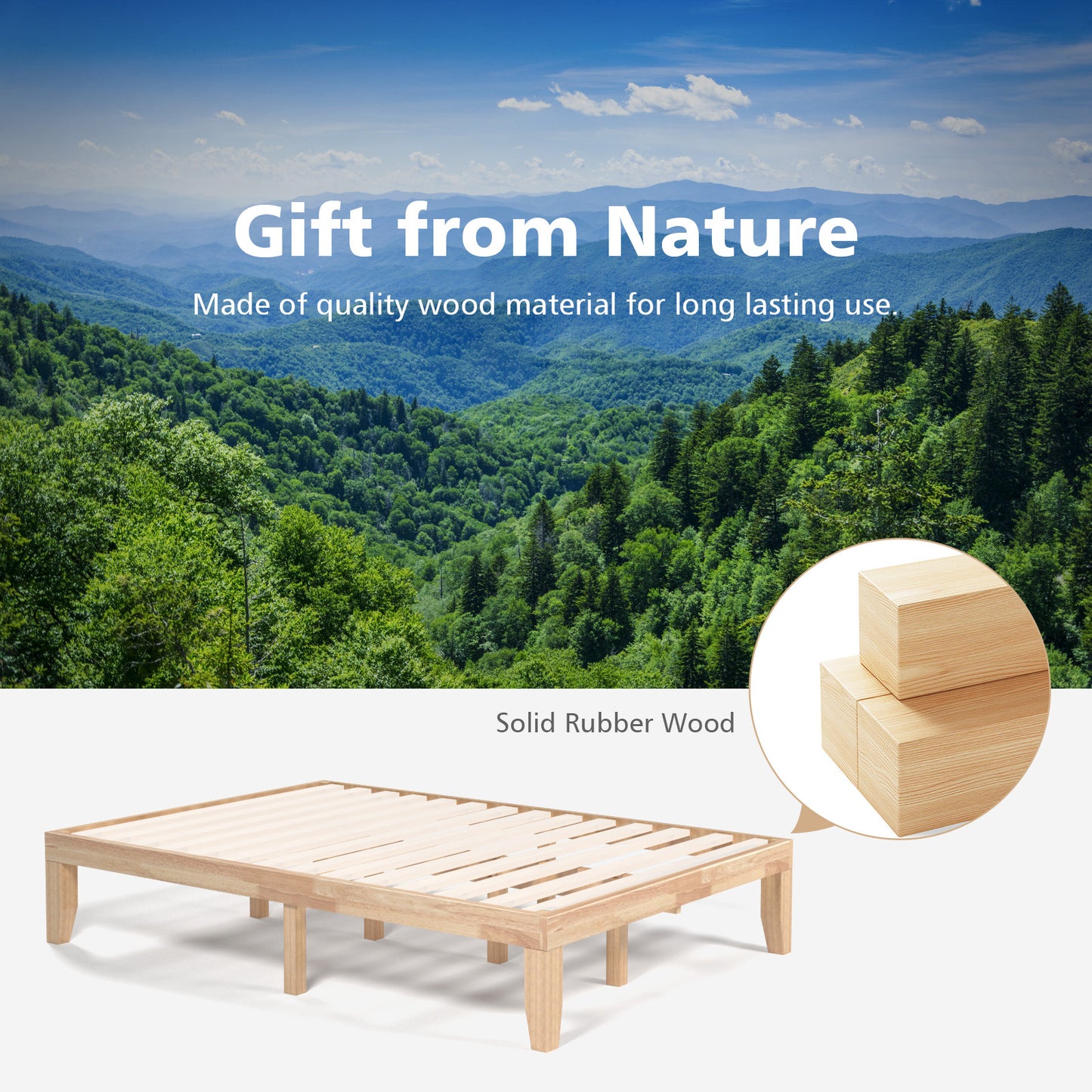 Modern 14 Inch Full Size Wood Platform Bed Frame with Wood Slat Support - Natural