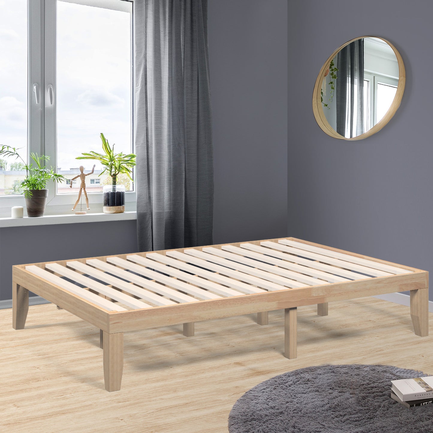 Modern 14 Inch Full Size Wood Platform Bed Frame with Wood Slat Support - Natural